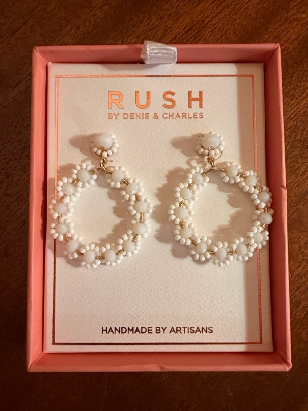 RUSH White Floral Beaded Gold Hoop Earrings
